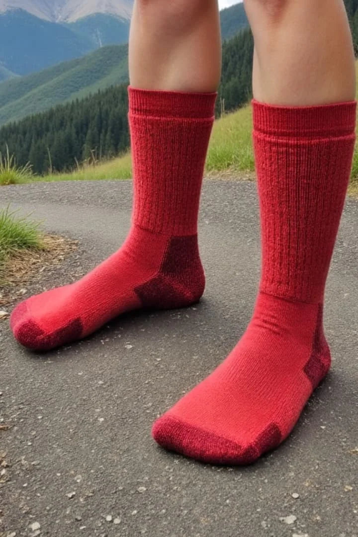 all-day-alpaca-crew-brick-red-portrait-medium-shot-hiking-no-shoes-trail